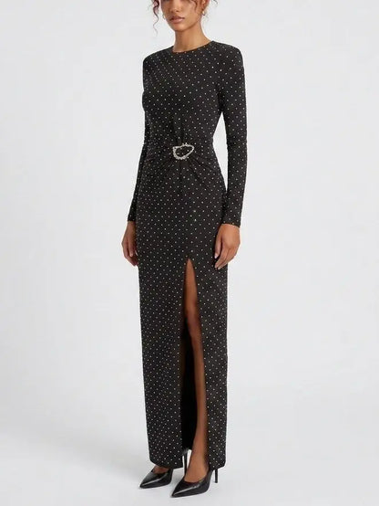 Crystal Embellished Long Sleeve Black Maxi Dress - Dresses