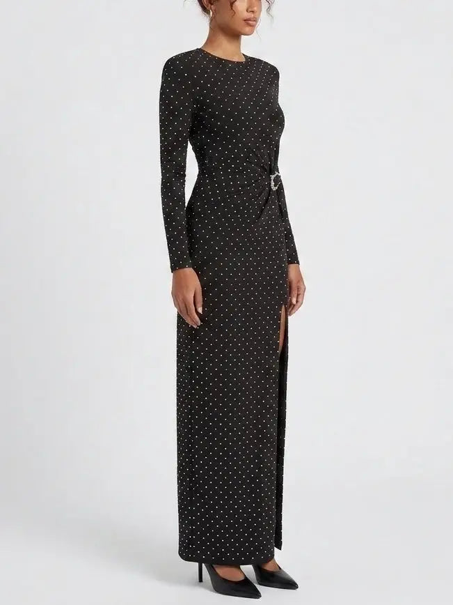 Crystal Embellished Long Sleeve Black Maxi Dress - Dresses