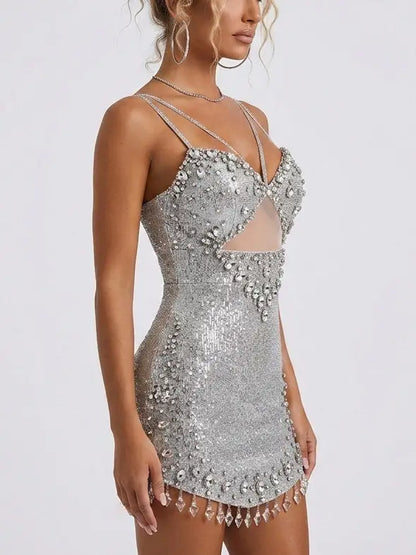 Crystal Embellished Mini Dress with Chandelier Fringe - Dresses