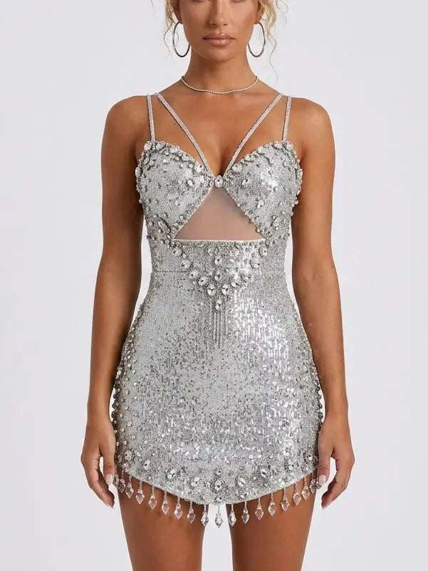 Crystal Embellished Mini Dress with Chandelier Fringe - Dresses