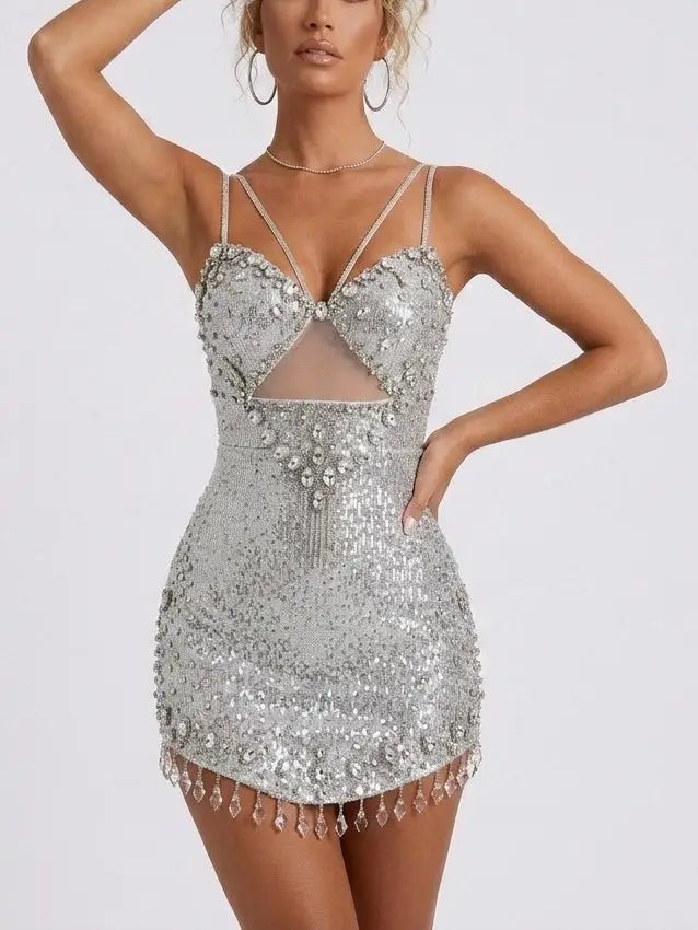 Crystal Embellished Mini Dress with Chandelier Fringe - Dresses