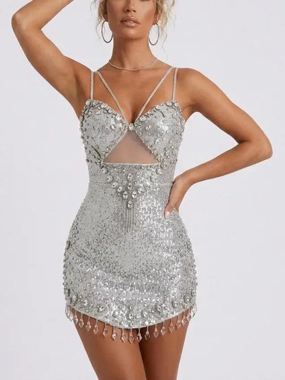 Crystal Embellished Mini Dress with Chandelier Fringe - Dresses