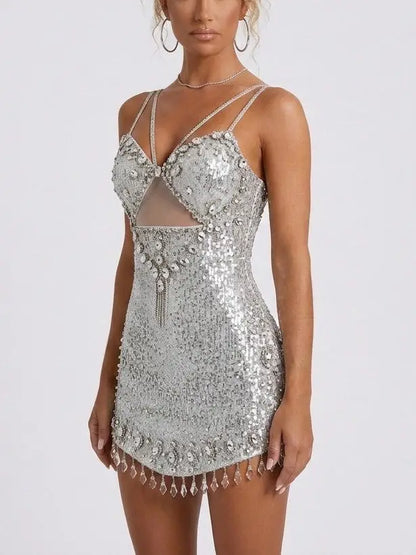 Crystal Embellished Mini Dress with Chandelier Fringe - Dresses