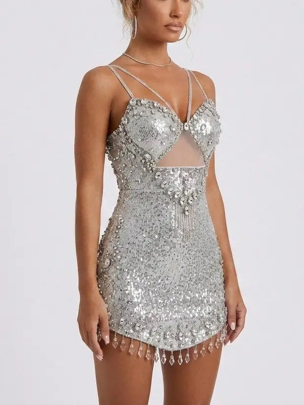 Crystal Embellished Mini Dress with Chandelier Fringe - Dresses