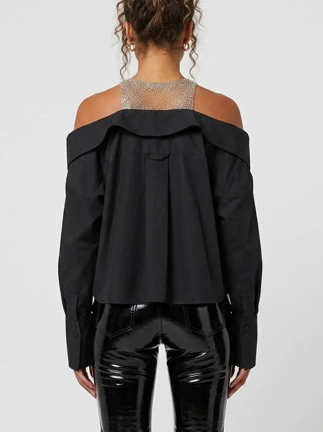 Crystal Embellished Off-Shoulder Black Shirt - Dresses