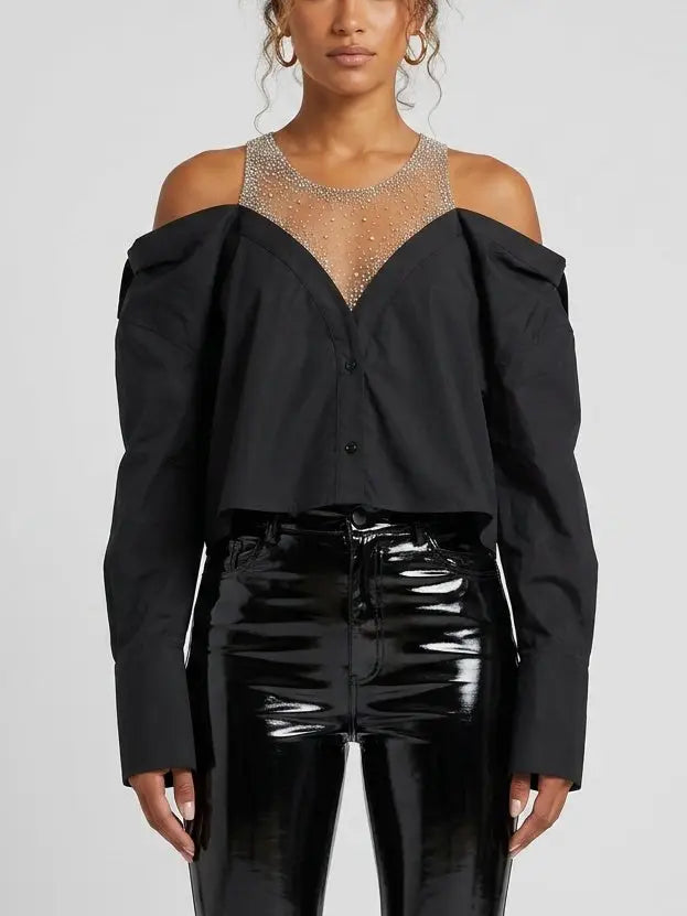 Crystal Embellished Off-Shoulder Black Shirt - Dresses