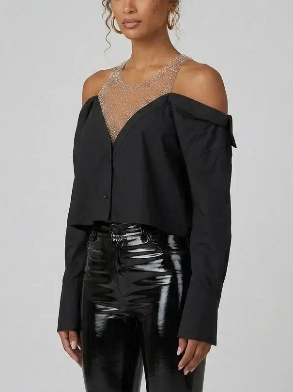 Crystal Embellished Off-Shoulder Black Shirt - Dresses