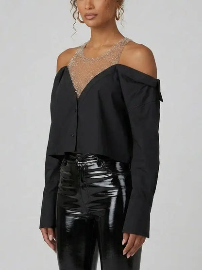 Crystal Embellished Off-Shoulder Black Shirt - Dresses