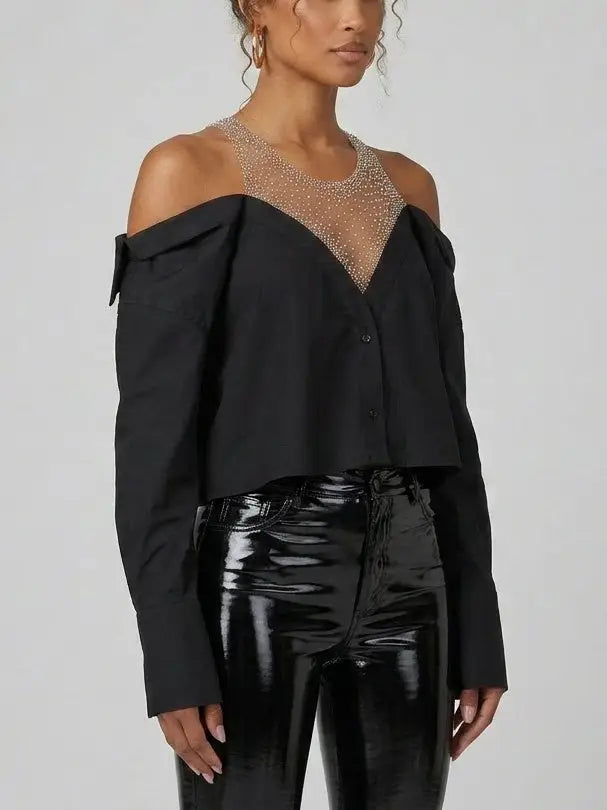 Crystal Embellished Off-Shoulder Black Shirt - Dresses