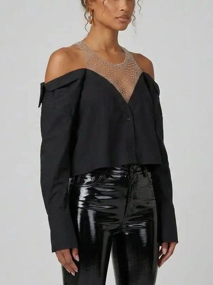 Crystal Embellished Off-Shoulder Black Shirt - Dresses