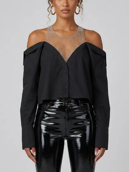 Crystal Embellished Off-Shoulder Black Shirt - Small - Dresses