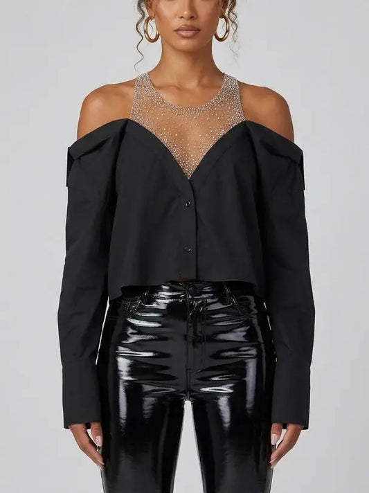 Crystal Embellished Off-Shoulder Black Shirt - Small - Dresses