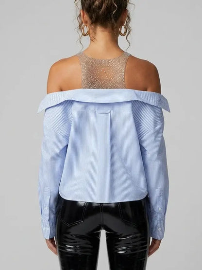 Crystal Embellished Off-Shoulder Striped Shirt - Tops