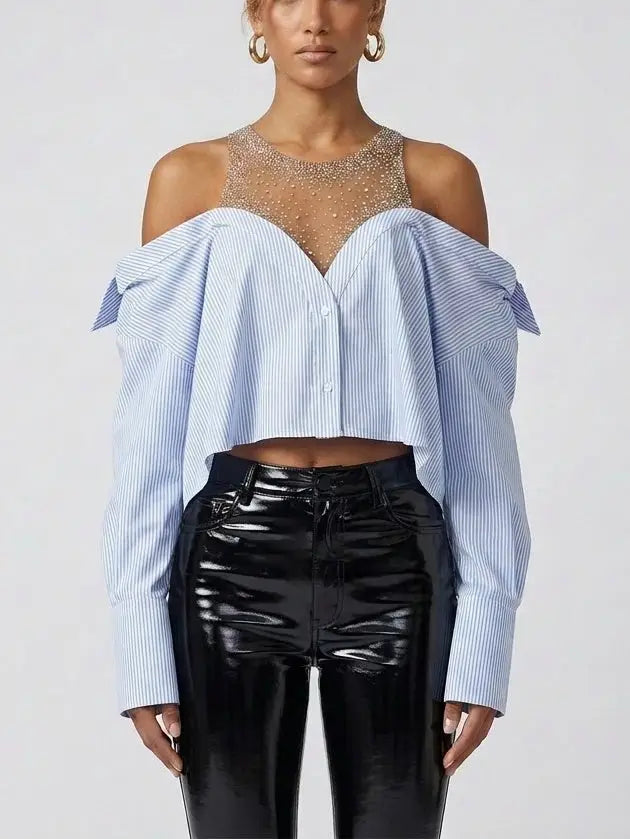 Crystal Embellished Off-Shoulder Striped Shirt - Tops