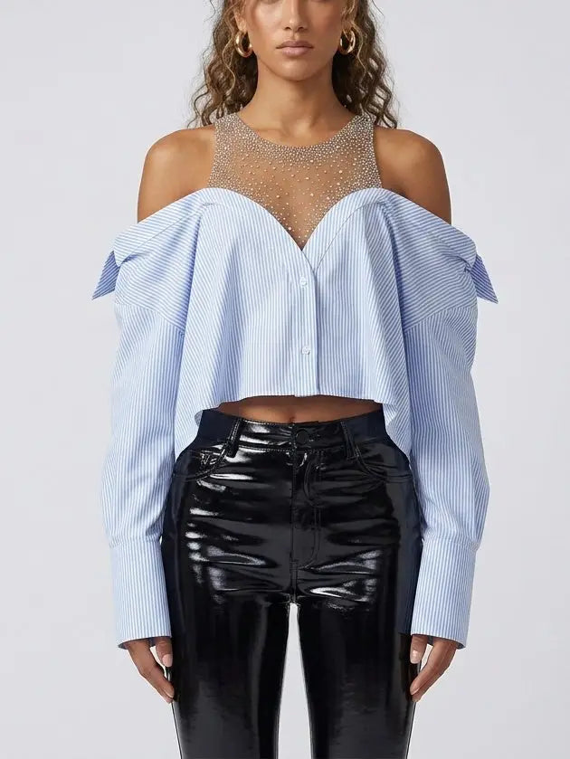 Crystal Embellished Off-Shoulder Striped Shirt - Tops