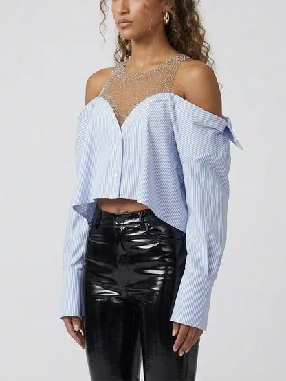 Crystal Embellished Off-Shoulder Striped Shirt - Tops