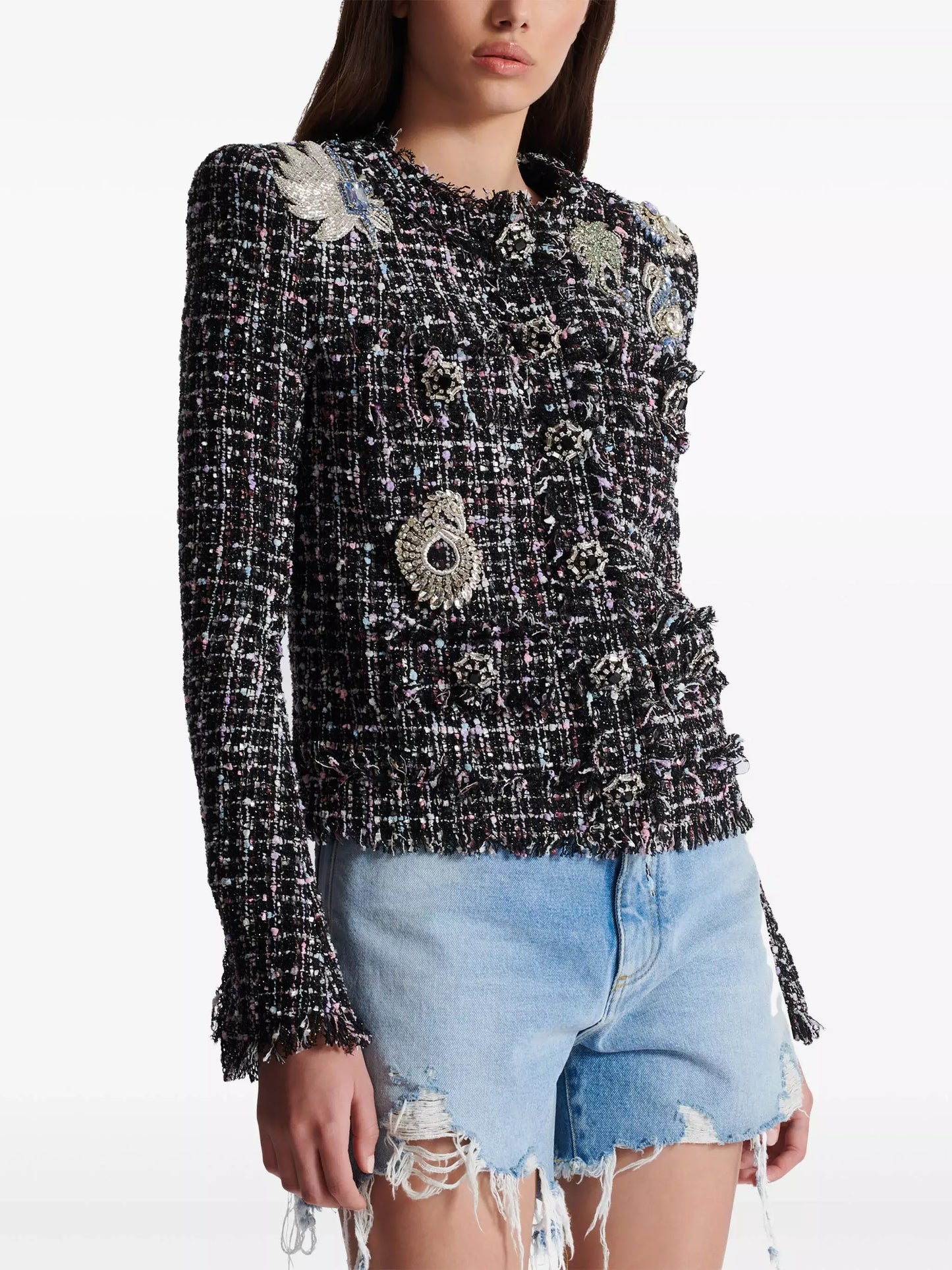 Women’s Crystal Patch Embellished Tweed Collarless Jacket Branna Couture