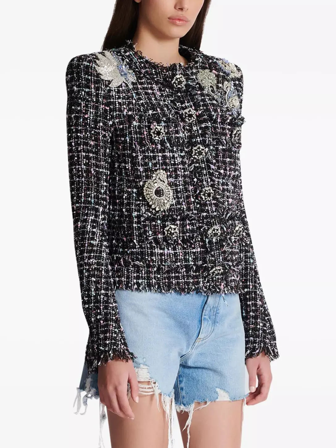 Women’s Crystal Patch Embellished Tweed Collarless Jacket Branna Couture