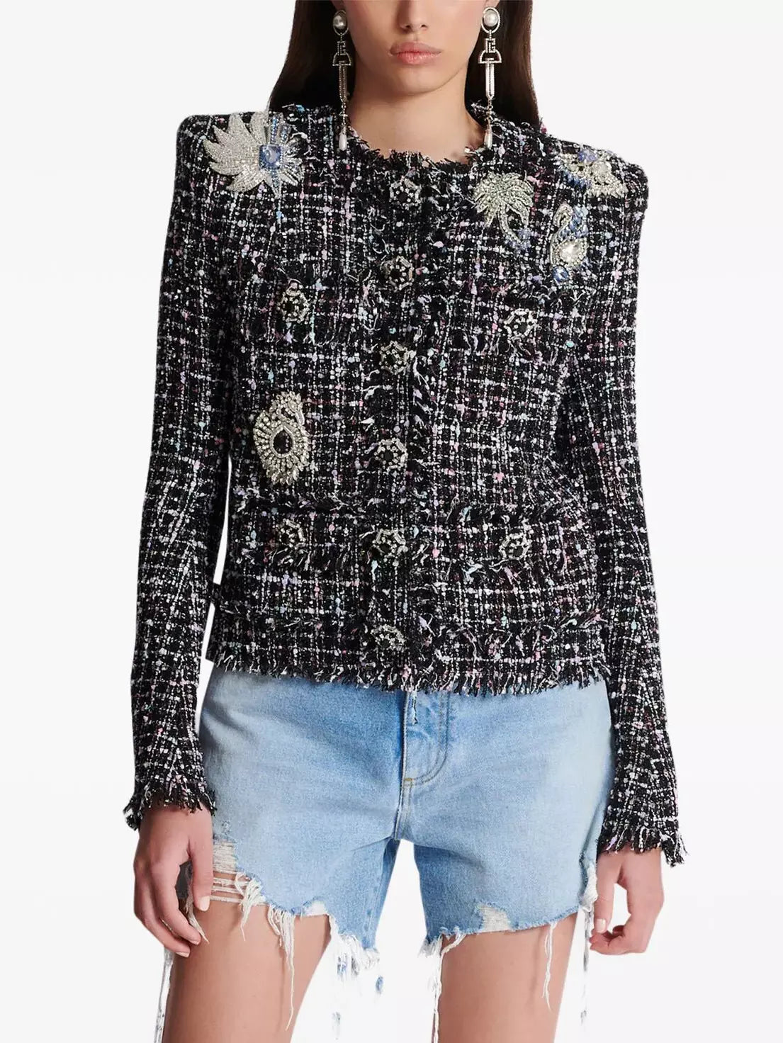 Women’s Crystal Patch Embellished Tweed Collarless Jacket Branna Couture