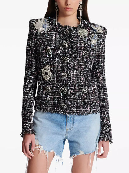 Women’s Crystal Patch Embellished Tweed Collarless Jacket Branna Couture