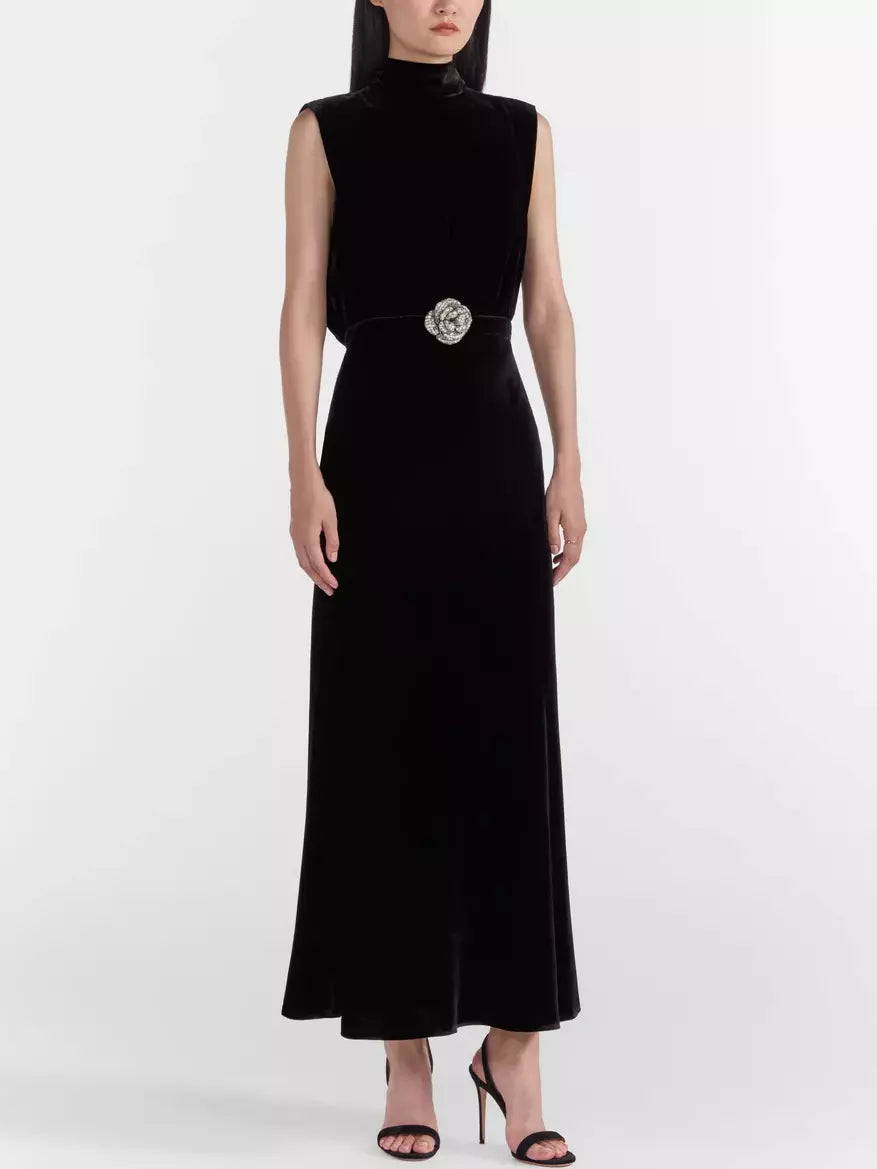 Crystal Rose Detail Black Velvet Midi Dress