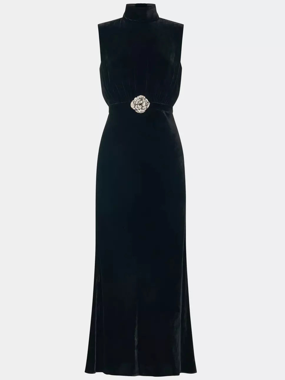 Crystal Rose Detail Black Velvet Midi Dress