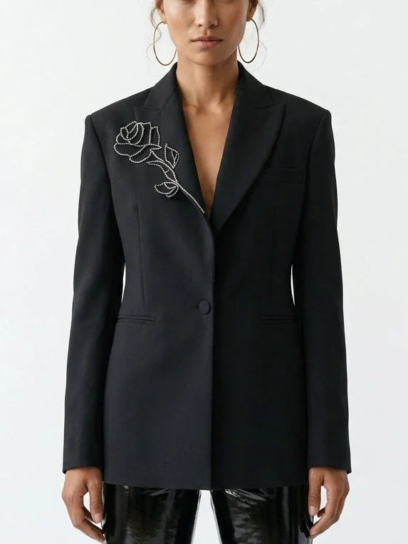 Crystal Rose Embellished Black Blazer - Jackets