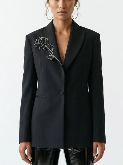 Crystal Rose Embellished Black Blazer - Jackets