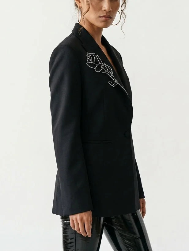 Crystal Rose Embellished Black Blazer - Jackets