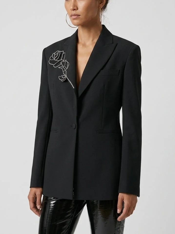 Crystal Rose Embellished Black Blazer - Jackets