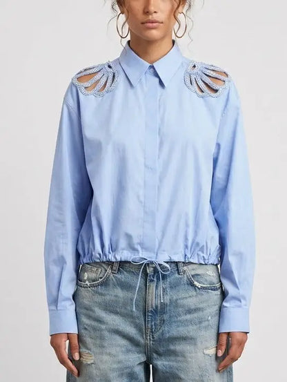 Crystal Embellished Cut-Out White Blouse - Tops