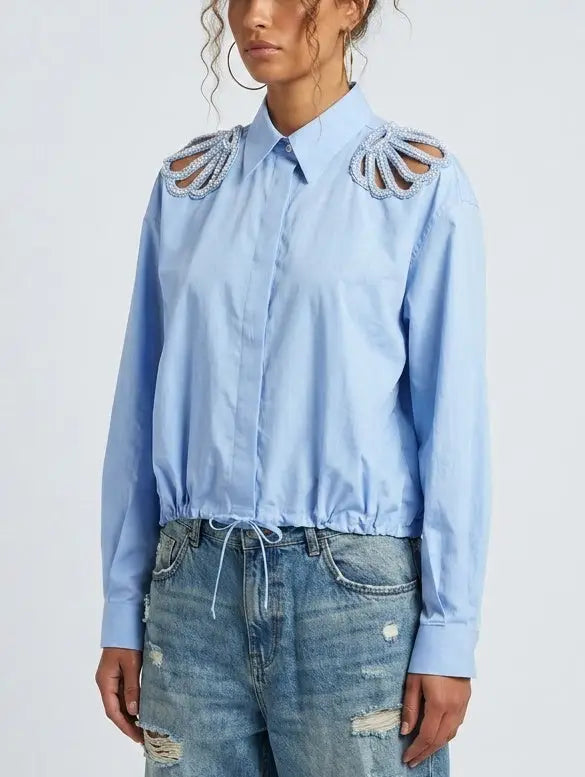Crystal Embellished Cut-Out White Blouse - Tops