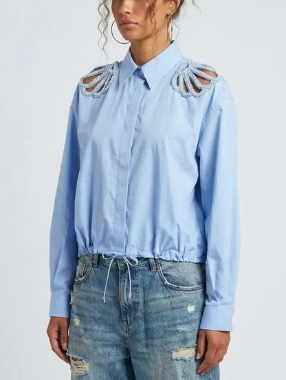 Crystal Embellished Cut-Out White Blouse - Tops