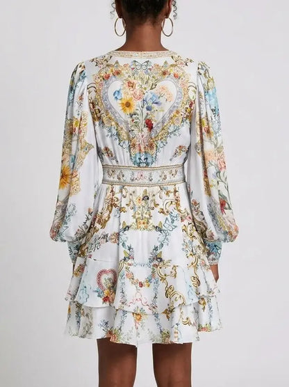 Crystal Trim Floral Silk Mini Dress with Tiered Hem - Dresses