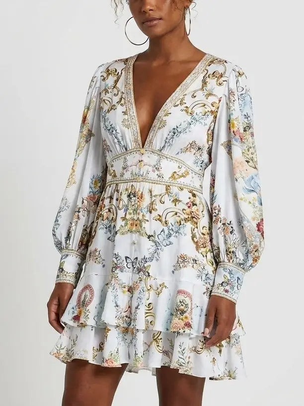 Crystal Trim Floral Silk Mini Dress with Tiered Hem - Dresses