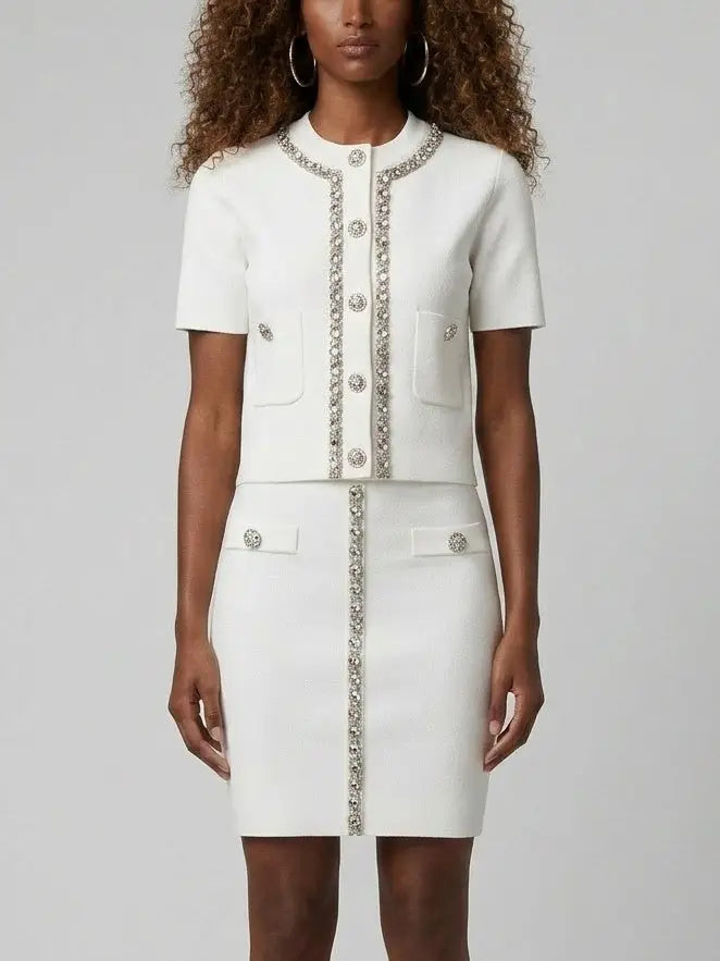 Crystal Trim Knit Button Top and Mini Skirt Set - S / White - Suits & Sets
