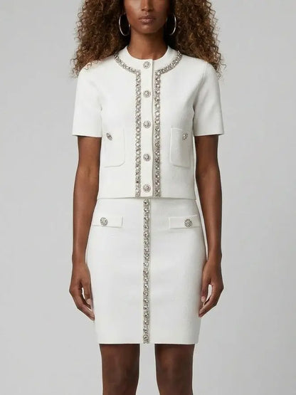 Crystal Trim Knit Button Top and Mini Skirt Set - S / White - Suits & Sets