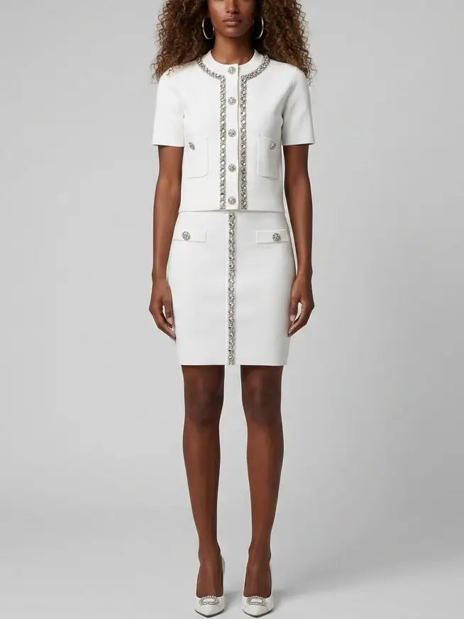 Crystal Trim Knit Button Top and Mini Skirt Set - Suits & Sets