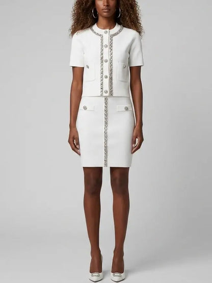 Crystal Trim Knit Button Top and Mini Skirt Set - Suits & Sets