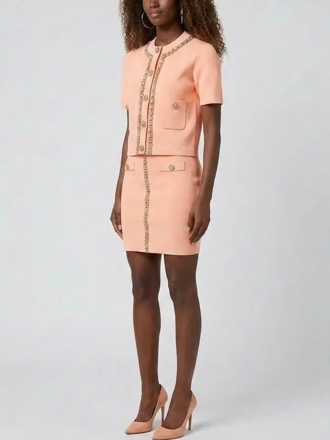 Crystal Trim Knit Button Top and Mini Skirt Set - Suits & Sets
