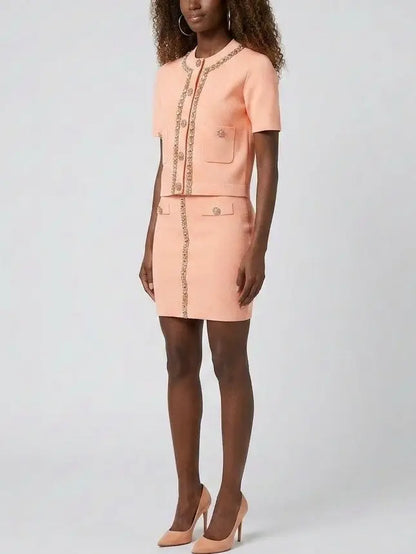 Crystal Trim Knit Button Top and Mini Skirt Set - Suits & Sets