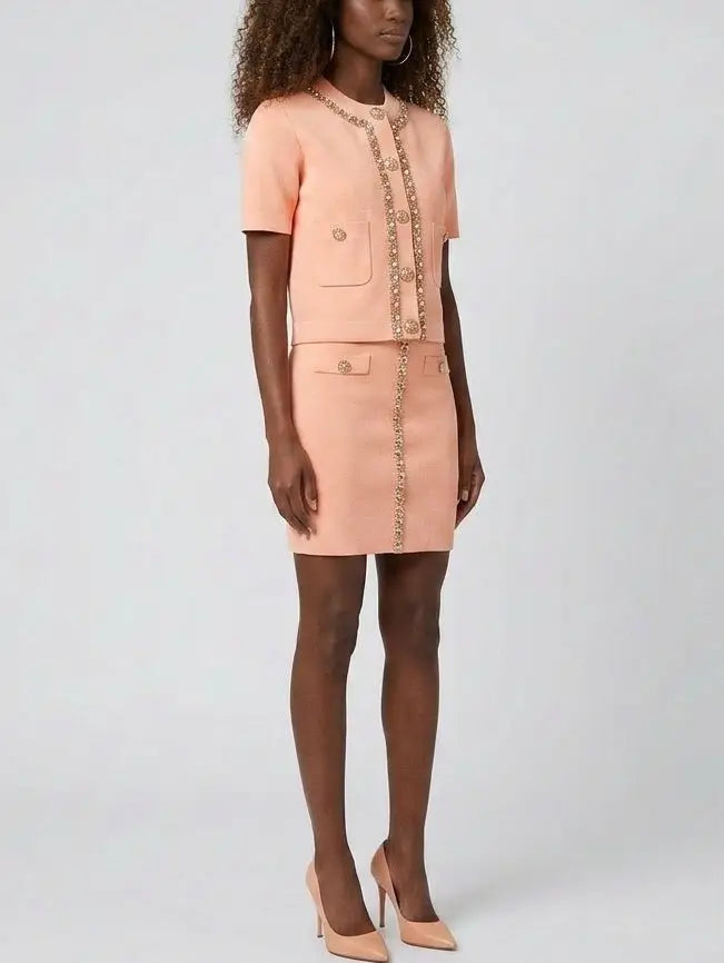 Crystal Trim Knit Button Top and Mini Skirt Set - Suits & Sets