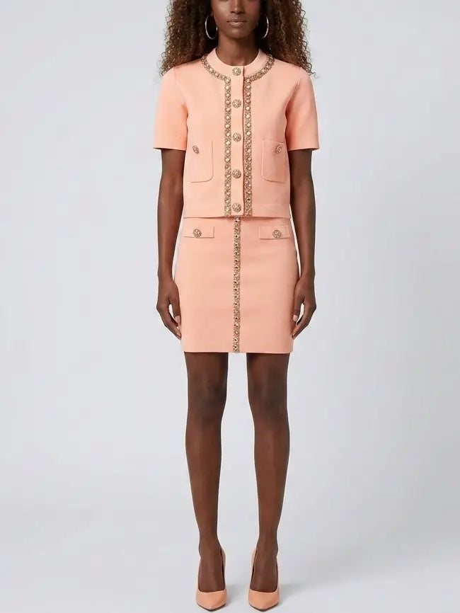 Crystal Trim Knit Button Top and Mini Skirt Set - Suits & Sets