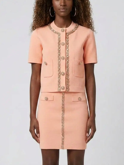 Crystal Trim Knit Button Top and Mini Skirt Set - Suits & Sets