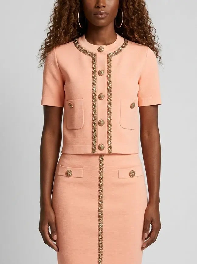 Crystal Trim Knit Button Top and Mini Skirt Set - Suits & Sets