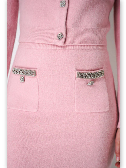 Crystal Trim Pink Knit Cardigan Skirt Set - Branna Couture