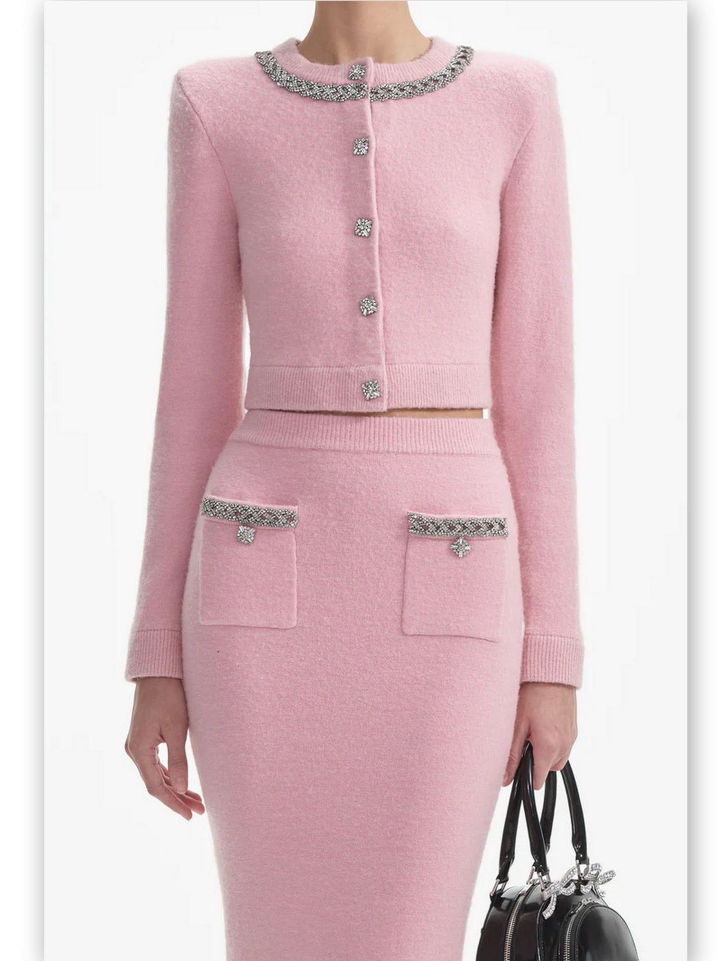 Crystal Trim Pink Knit Cardigan Skirt Set - Branna Couture