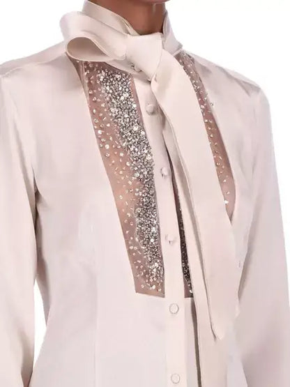 Crystal and Sequin Embellished Silk Tie-Neck Blouse - Tops