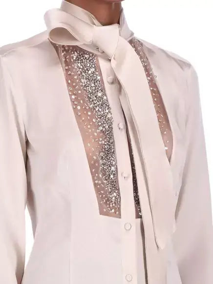 Crystal and Sequin Embellished Silk Tie-Neck Blouse - Tops