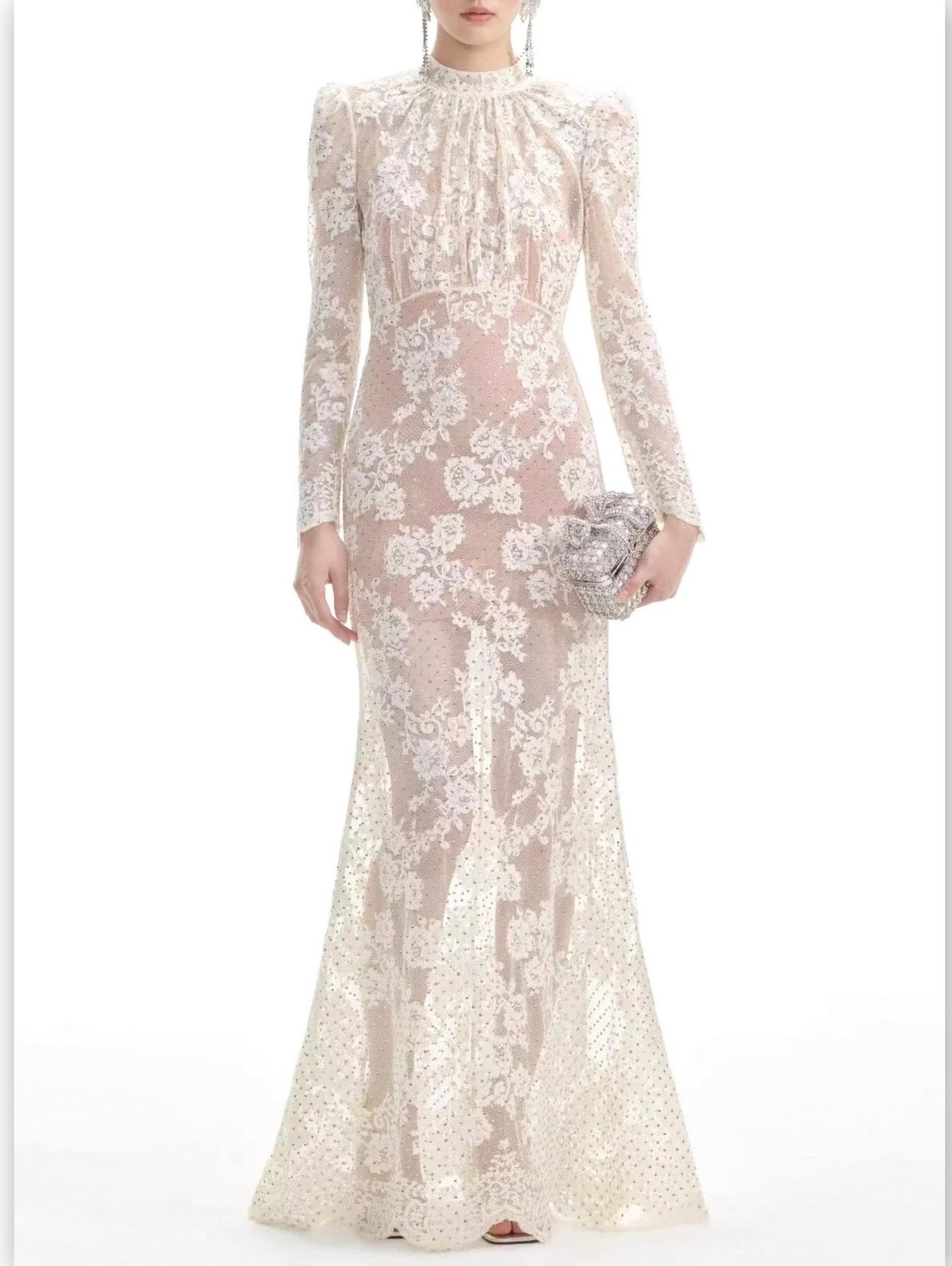 Crystal and Lace Long-Sleeve Maxi Dress - Branna Couture